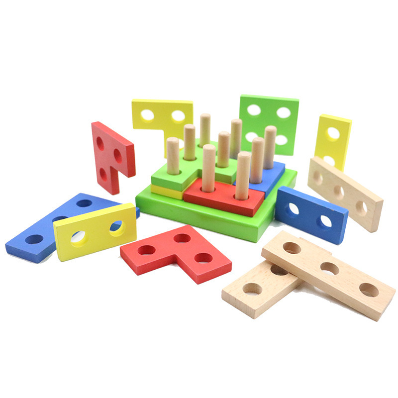 儿童木制玩具几何智力拆装套柱 早教启蒙颜色认知拼板俄罗斯方块