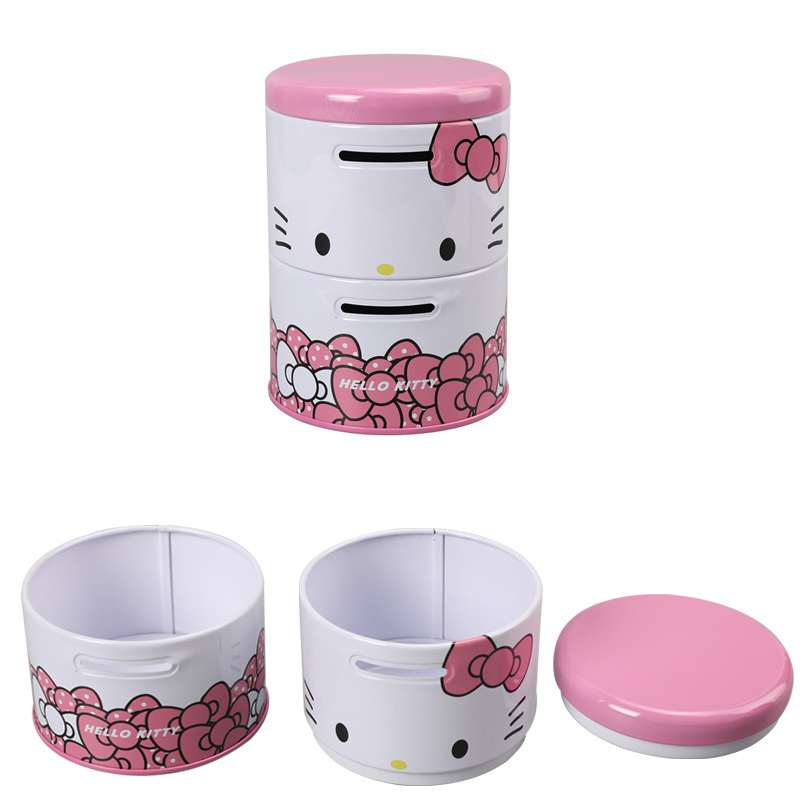 Double-layer cylindrical piggy bank creative gift decoration, children's iron piggy bank with coin-operated openable lid storage box Item Picture