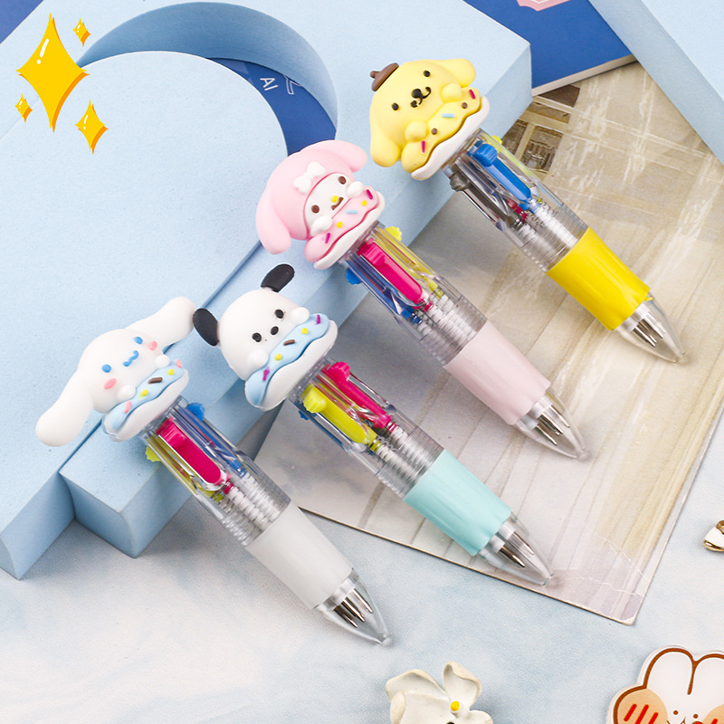 Mini and cute cartoon four-in-one four-color ballpoint pen with high appearance level, push-button student multi-functional watercolor pen details Picture