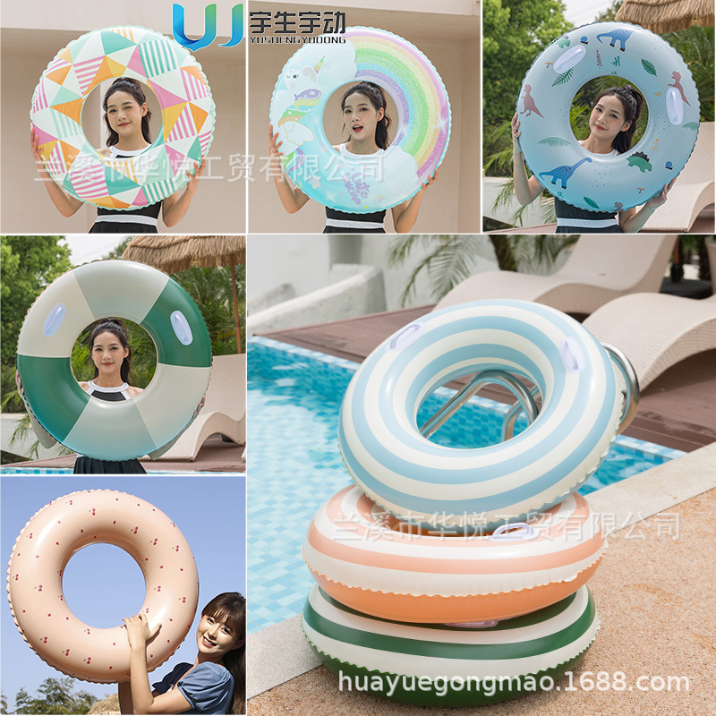 加厚成人加大游泳圈透明亮片把手儿童泳圈复古撞色腋下救生圈批发