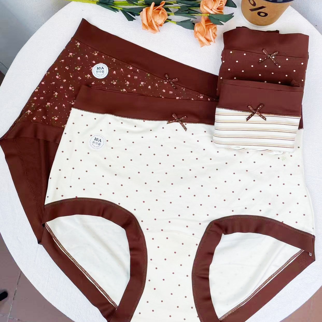 Plus-size high-waisted warm and form-tightening women's color-blocking girls' underwear with sweet bows, comfortable and skin-friendly 10A antibacterial crotch full image