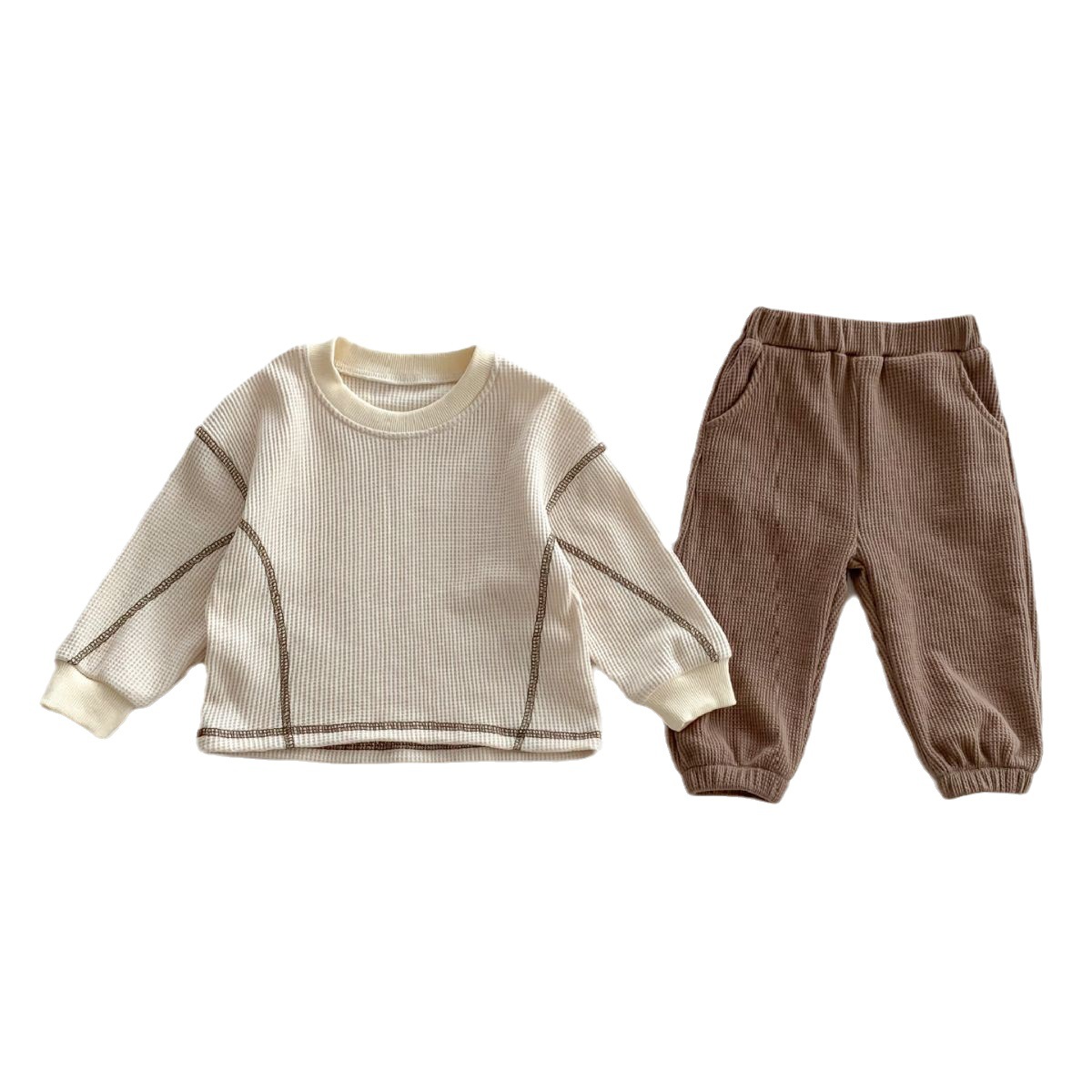Korean style children's clothing 2023 autumn boys' and Girls' casual loose waffle check sets, long-sleeved T-shirts, baby pants Item Picture