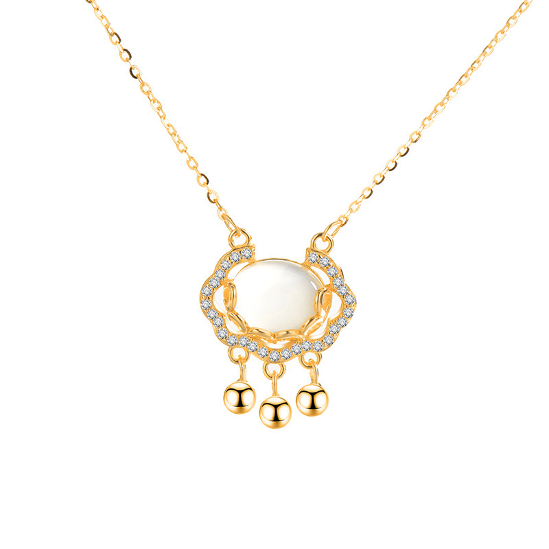 925 sterling silver Auspicious Cloud Ruyi Peace Lock Necklace, Women's Chinese-style chalcedony longevity Lock collarbone necklace, Shaking sound explosive Item Picture