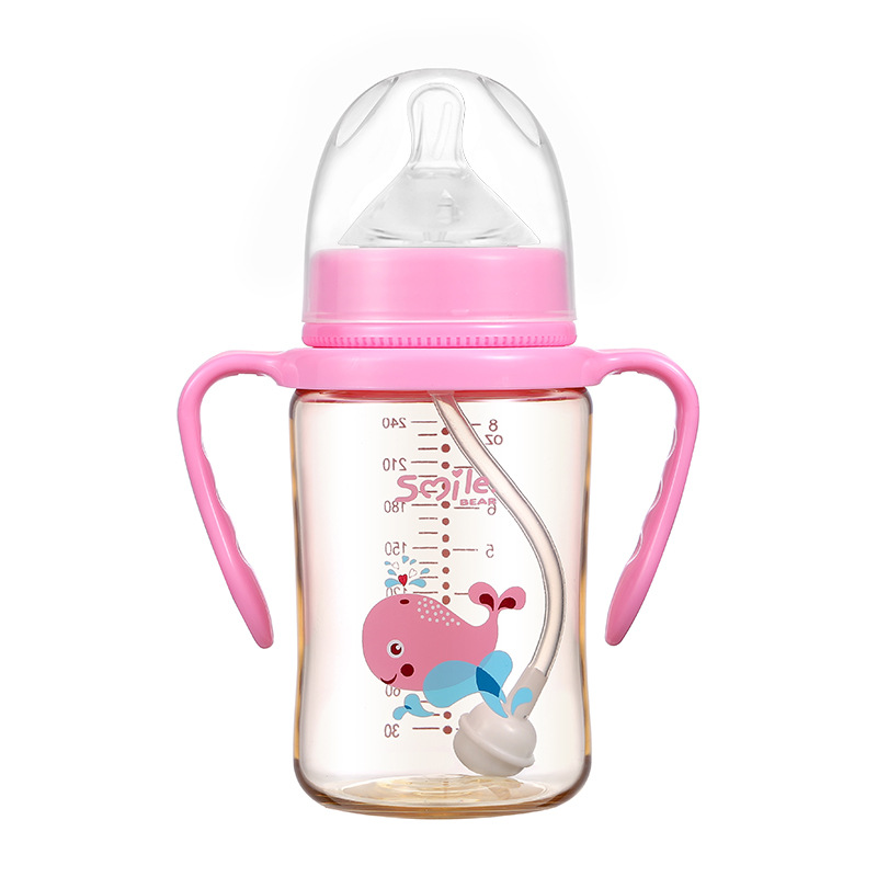 三款彩色带手柄婴儿奶瓶防胀气轻便耐用白底实物图