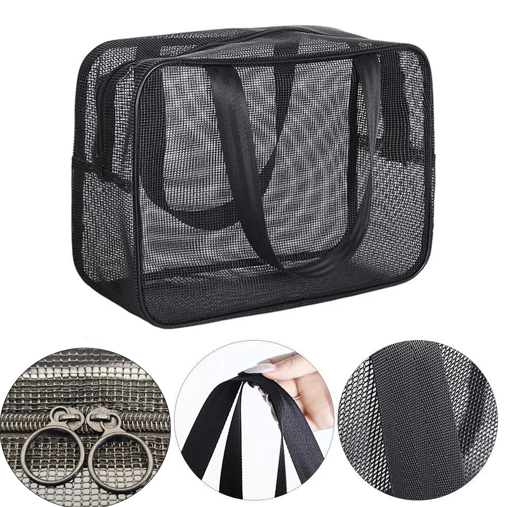 Mesh hand-held water-draining swimming and bathing storage bag, breathable hollowed-out men's bath bag, makeup mesh women's toiletries bag details Picture