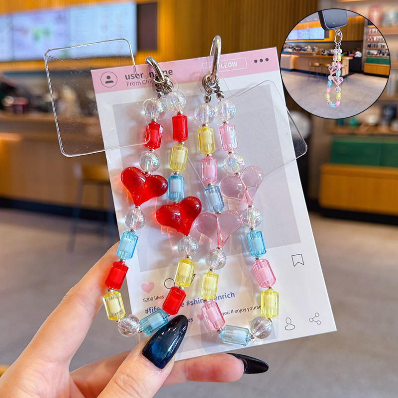 创意DIY爱心串珠手机链钥匙扣挂件情侣汽车钥匙链包包手绳挂饰小