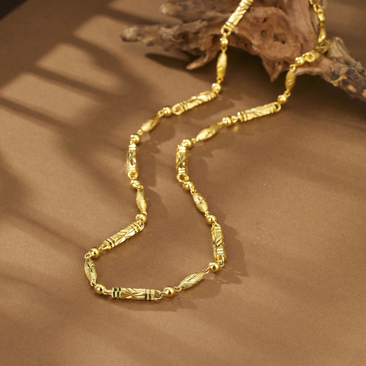 Copper gold-plated necklace, gold-plated men's chain, round beads, olive beads, car flower chain, new high-end foreign trade jewelry Specification drawing