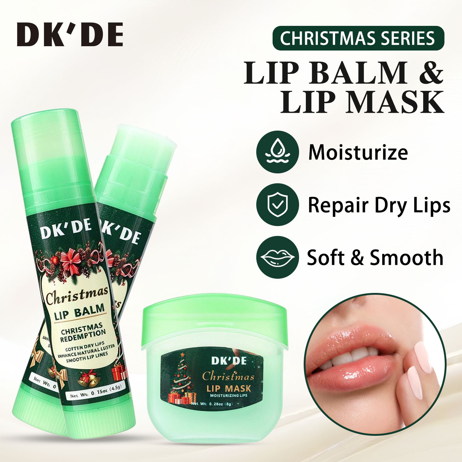 【 Cross-border Exclusive 】DKDE+ 3-color Christmas Lip Mask + Lipstick Set: Soft, firm, hydrating, Protective and anti-cracking Application Scenario