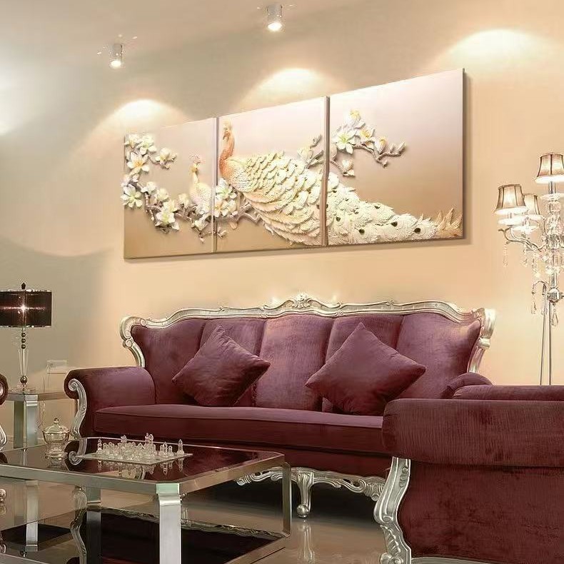 Fu escultura decoración 3D handmade tridimensional relieves pavo real tríptico moderno y simple sala de estar sofá fondo pintura decorativa de pared Specification image
