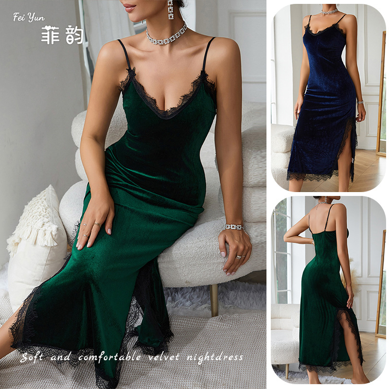 Feiyun European and American Cross-border sexy deep v pajama Women's Long strappy nightgown Velvet lace backless Home 137