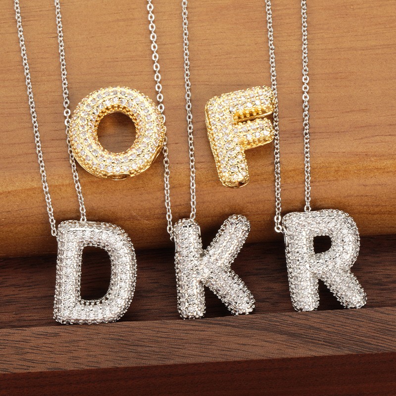 Cross-border super popular bubble English letter pendant necklace 18k copper plated with zircon inlaid hip-hop balloon letter collarbone chain details Picture