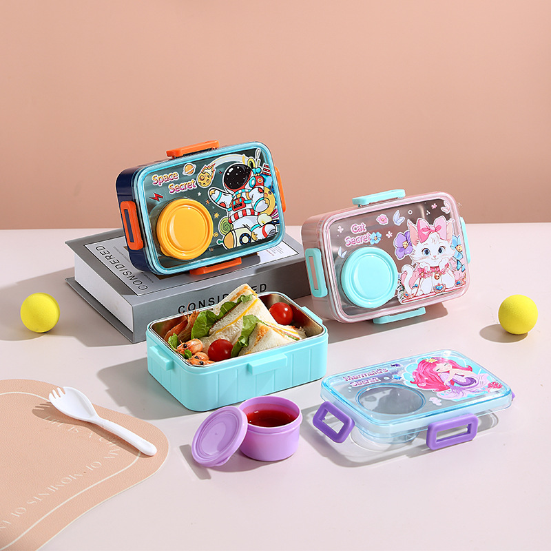 Cute children's stainless steel lunch box, student single-compartment sealed bento box with sauce box, and compartments fruit salad box