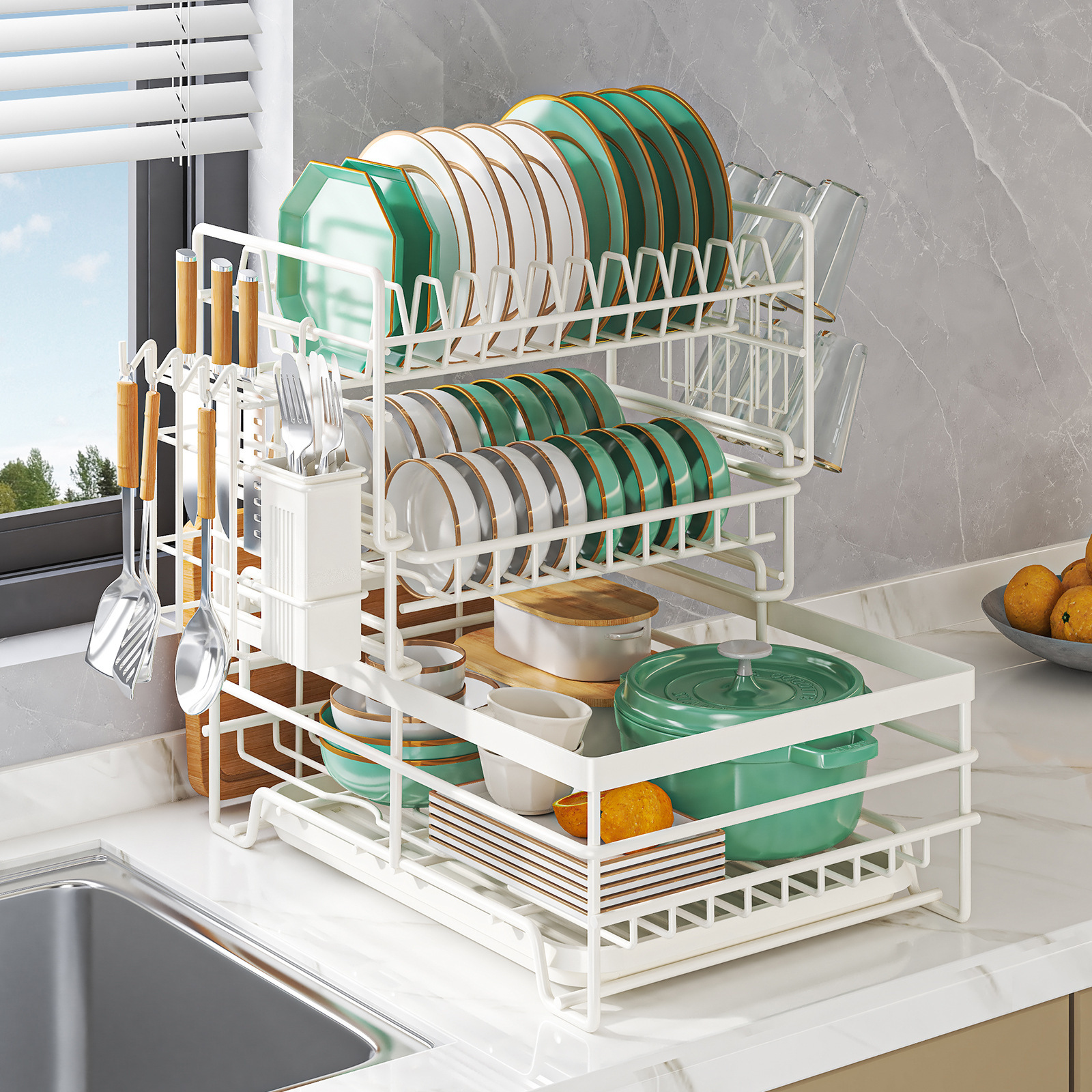 Cross-border Amazon draining bowl rack, kitchen dish storage rack, countertop dish rack, multi-functional double-layer storage rack Item Picture