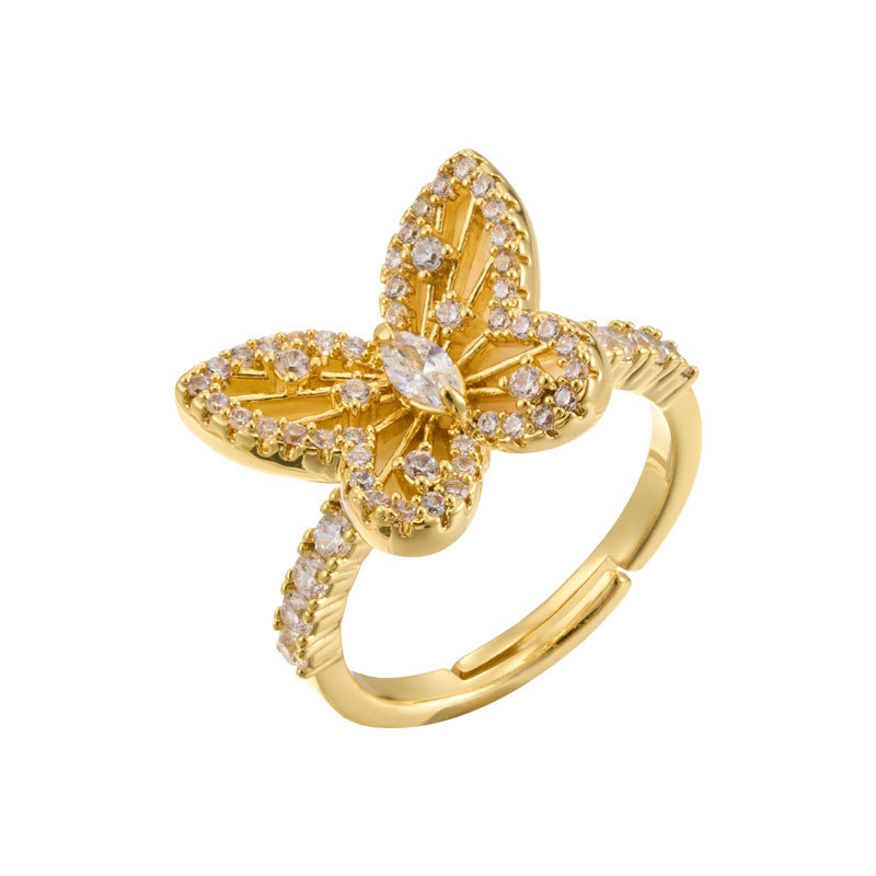 Light luxury and dynamic butterfly starlight open ring, copper alloy slightly inlaid zircon, fashionable and high-end, adjustable ring ring Item Picture
