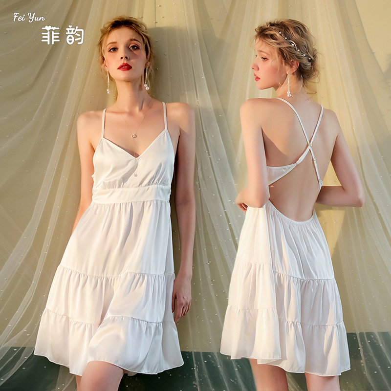 Feiyun's new summer pure sensual nightgown, ice silk pajama, high-waisted, slimming mid-length halter dress 444