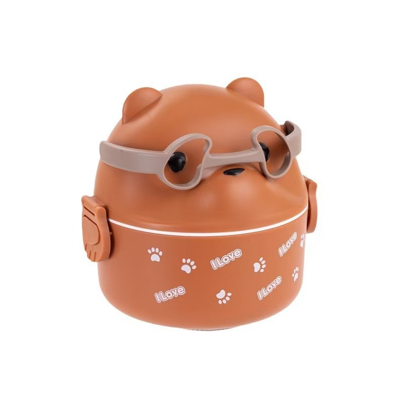 Eyeglasses Bear single-layer hand-held lunch box, office worker, Japanese student lunch box, microwave oven, heating tape lid bento box Item Picture