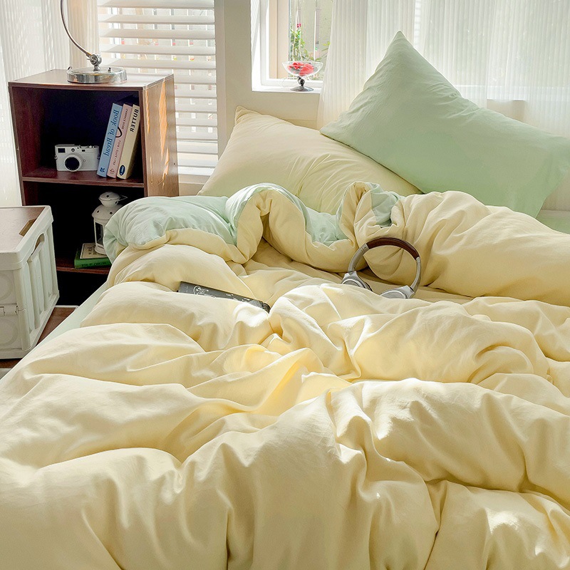 A类母婴纯色双拼超柔水洗棉四件套云朵棉宿舍三件套被套床单图