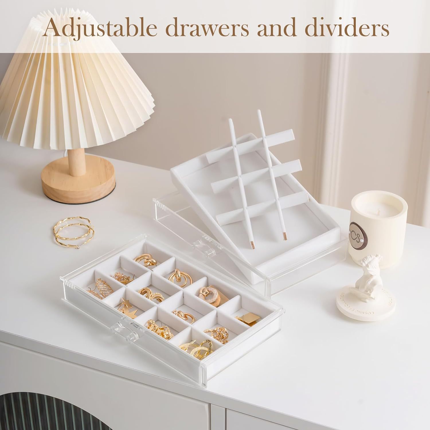 Cross-border Amazon transparent jewelry box, 3-layer women's jewelry organization, velvet drawer, ring and earring, desktop storage Specification drawing