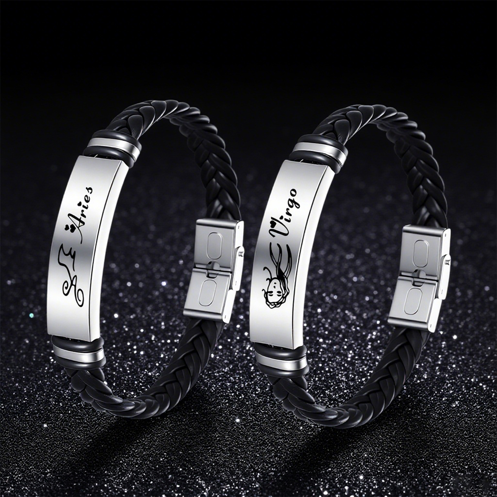 In Europe and America, there are 12 popular zodiac sign bracelets, fashionable and individual men's stainless steel leather bracelets, student couple accessories and jewelry Specification image