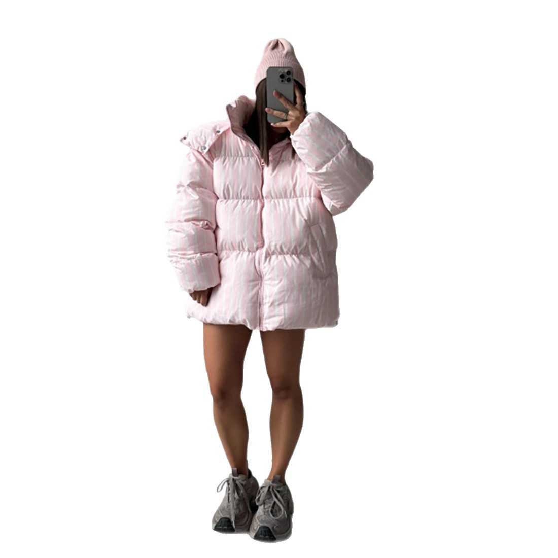 Cross-border Korean-style striped cotton-padded jacket for women, mid-length hooded loose, warm and fashionable ins style cotton-padded jacket for winter 2025 Item Picture