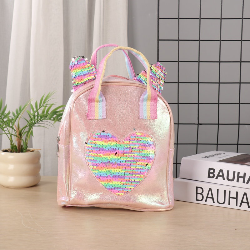 Rainbow sequined heart-shaped backpack for girls, sweet and cool dual-purpose schoolbag, gradient shoulder strap, portable trendy backpack, plush