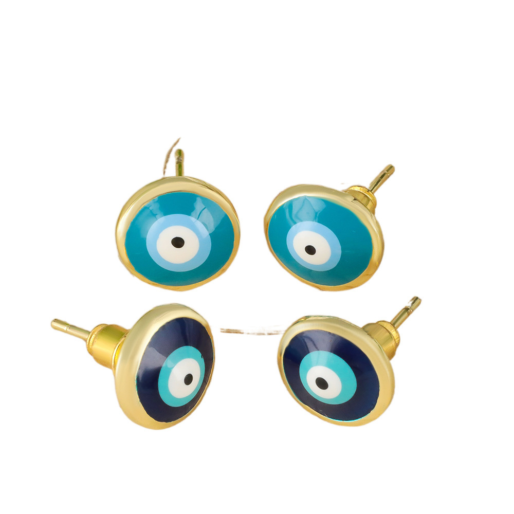 Honglu Cross-border Fashion copper-plated real gold personalized design eye earrings Simple style Oil Drip Devil Eye Stud earrings for women Item Picture