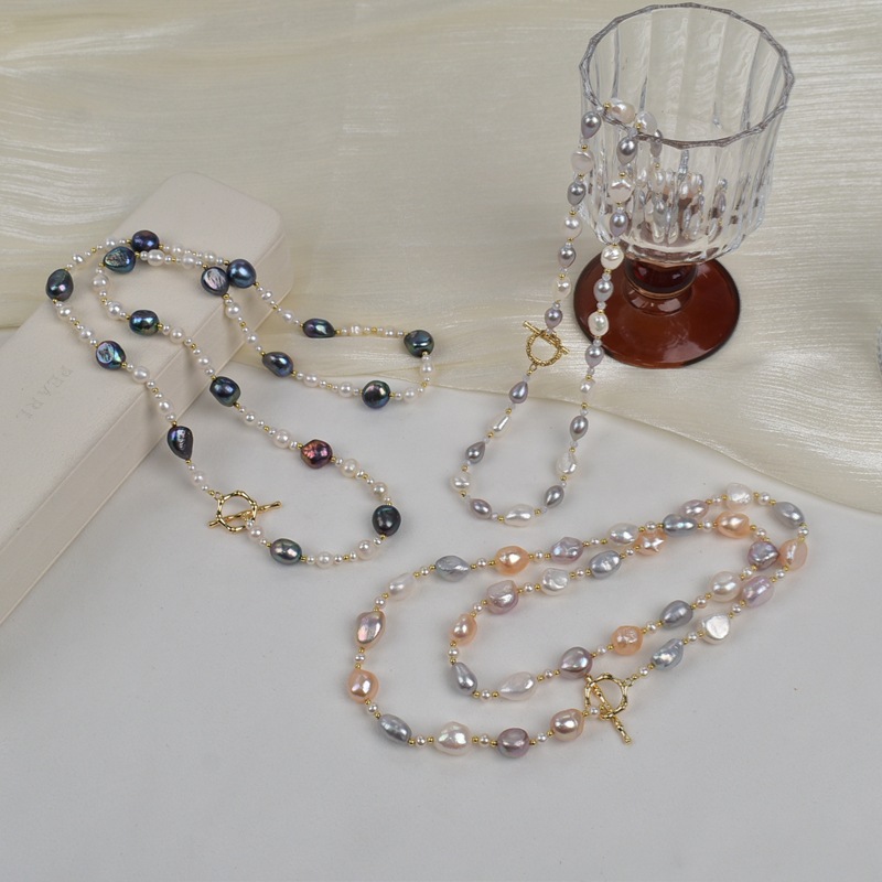 Natural freshwater Baroque pearl necklace for women, light luxury, simple and versatile. Golden OT buckle necklace for long sweater chain details Picture