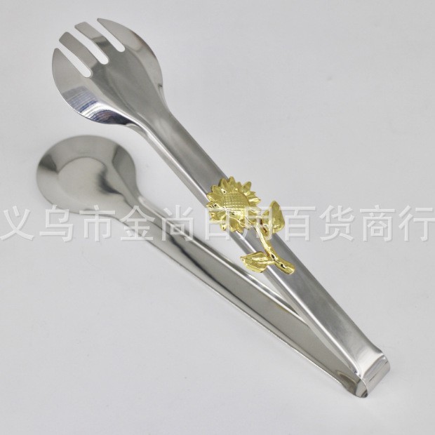 New silver sunflower stainless steel outdoor barbecue tongs, buffet public food tongs, Western restaurant steak tongs details Picture