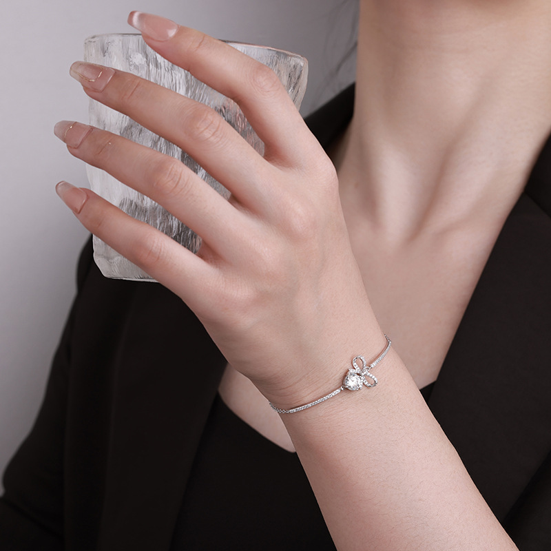 Zhuoheng Select S925 Sterling Silver Adjustable Bow Mosan Diamond Bracelet, Retro, Light Luxury, Versatile And Niche Design Bracelet Specification drawing