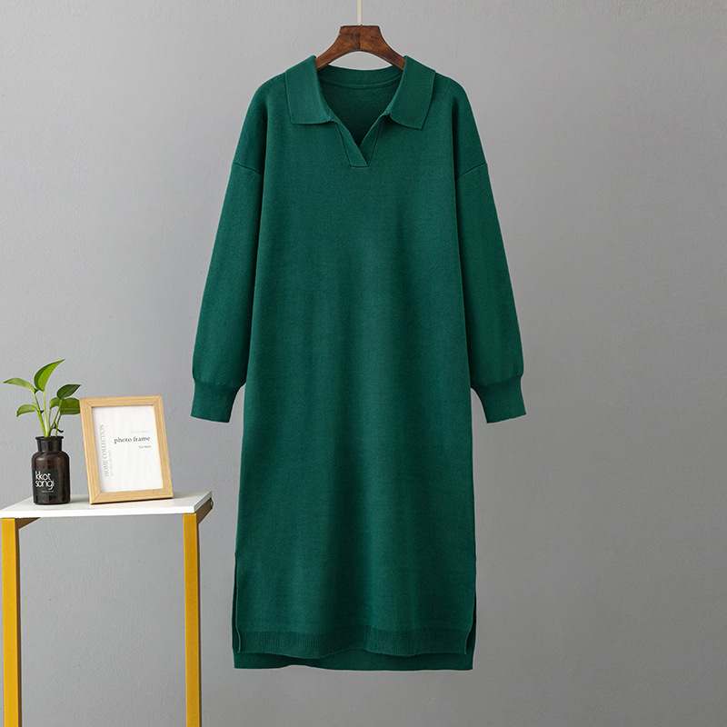 2023 Autumn/Winter new Amazon European and American Polo collar base knitted long dress, loose large-sized solid color women's dress Specification drawing