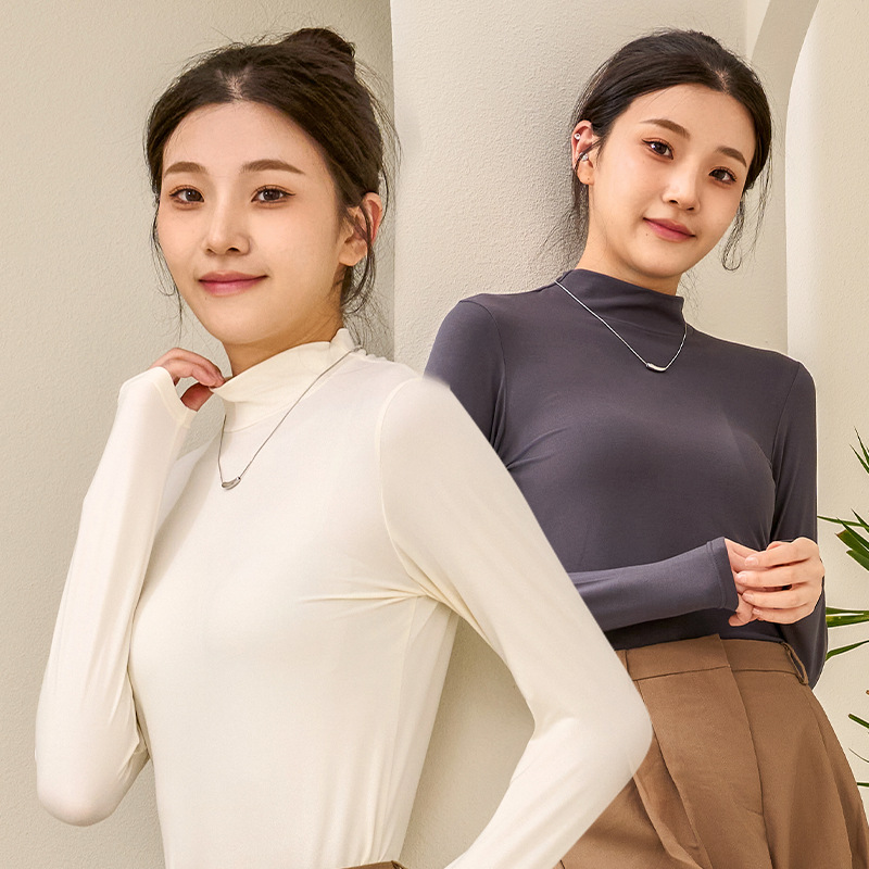 秋季薄款女士半高领长袖卫衣纯色内搭打底衫高弹亲肤休闲运动上衣