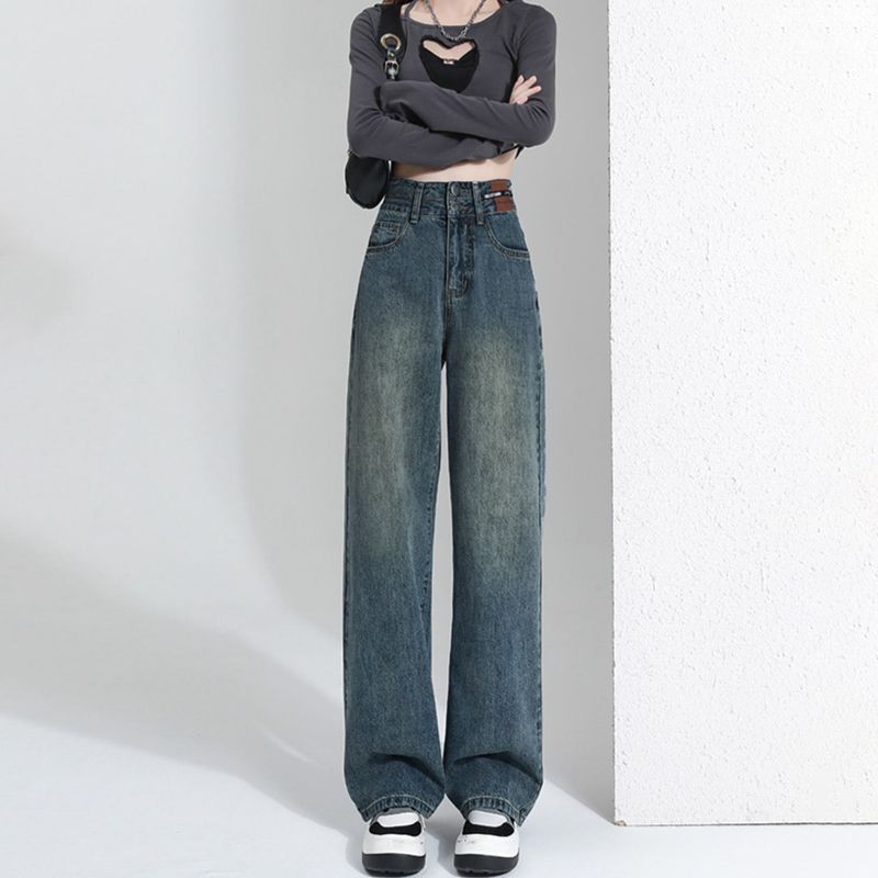 Retro denim wide-leg pants, loose straight leg, 2025 new style high waist bag, slender buttocks, floor-length design long pants details Picture