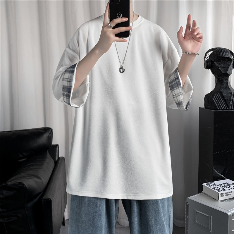 Ice Silk short-sleeved men's summer thin trendy brand cool and drape T-shirt, Hong Kong style loose, bf lazy style patchwork 7 3/4 sleeve Application Scenario