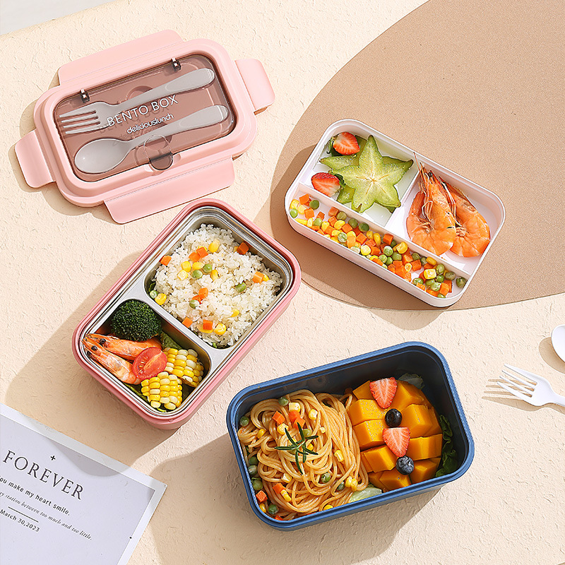 Nordic-style PP light food lunch box, 304 stainless steel compartments lunch box with forks and spoons, convenient and microwave safe lunch box Specification image