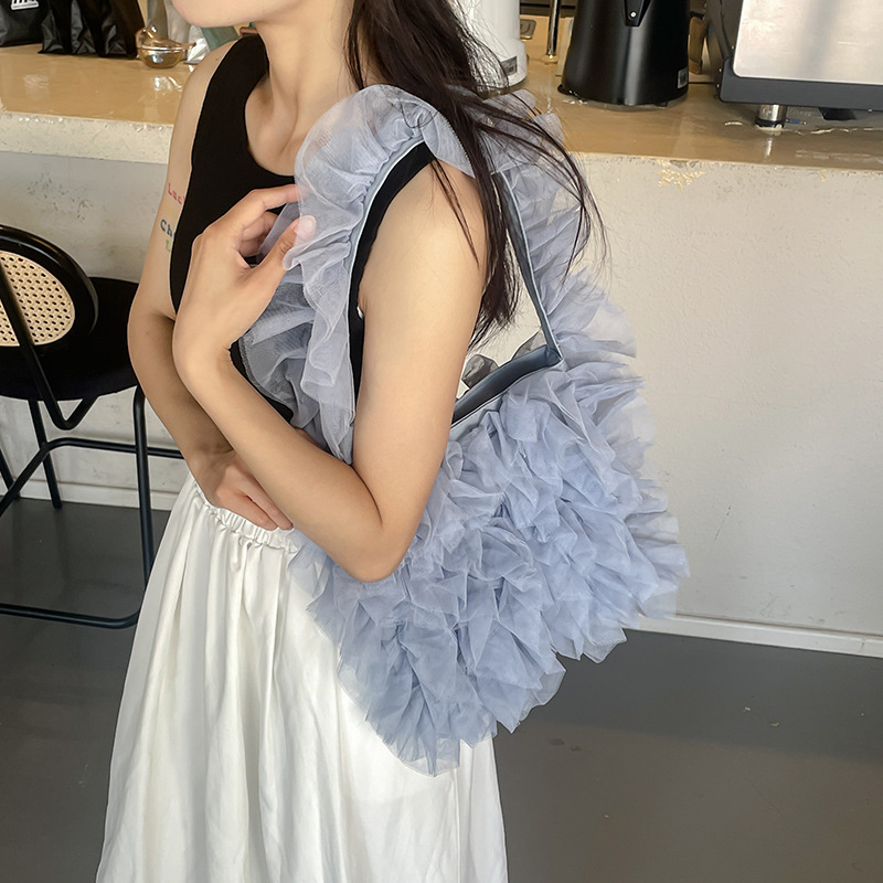 Cross-border chiffon skirt bag, fresh and clean women's bag, new lace soft chiffon pleated single-shoulder bag, Korean-style fashionable pleated skirt, underarm bag, lace bag