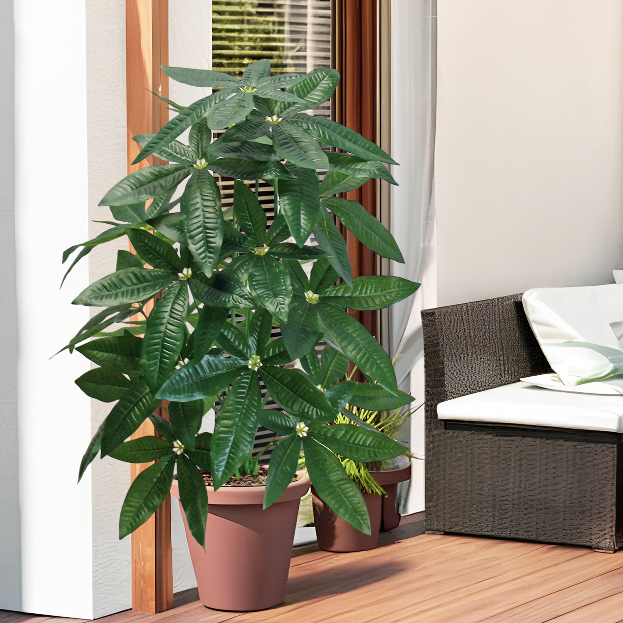 Artificial green plants such as the money tree for the entrance decoration, PVC plastic artificial plants for the living room floor decoration Application Scenario