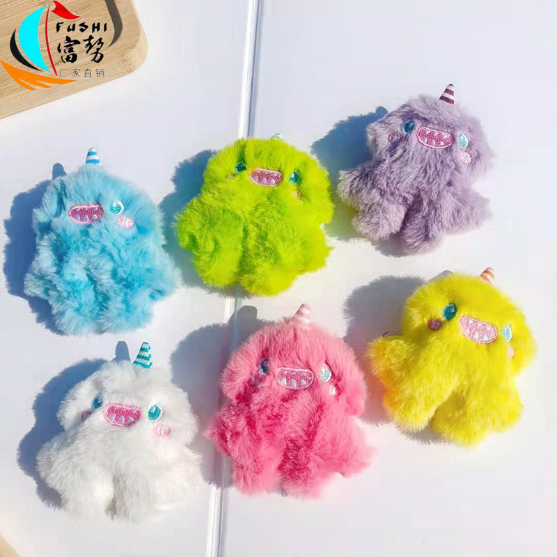 Cartoon plush one-horned little monster brooch, cute Japanese-style colorful clumsy doll pendant, decorative trendy items