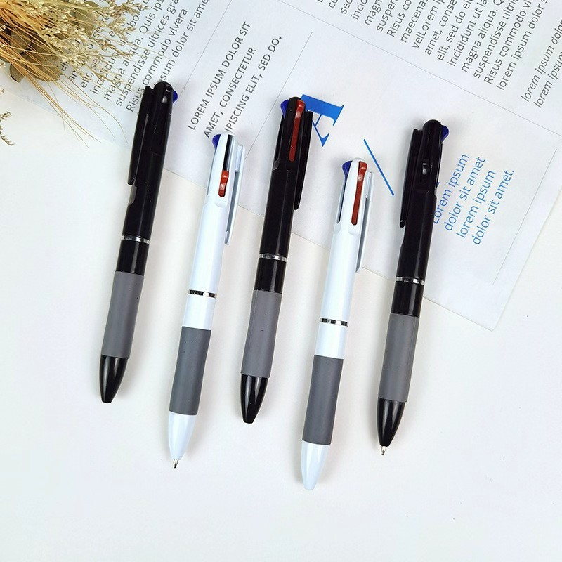 Press the three-color pen, multi-functional oil pen, black, red and blue pen refills, student pen, office pen, multi-color three-in-one ballpoint pen details Picture