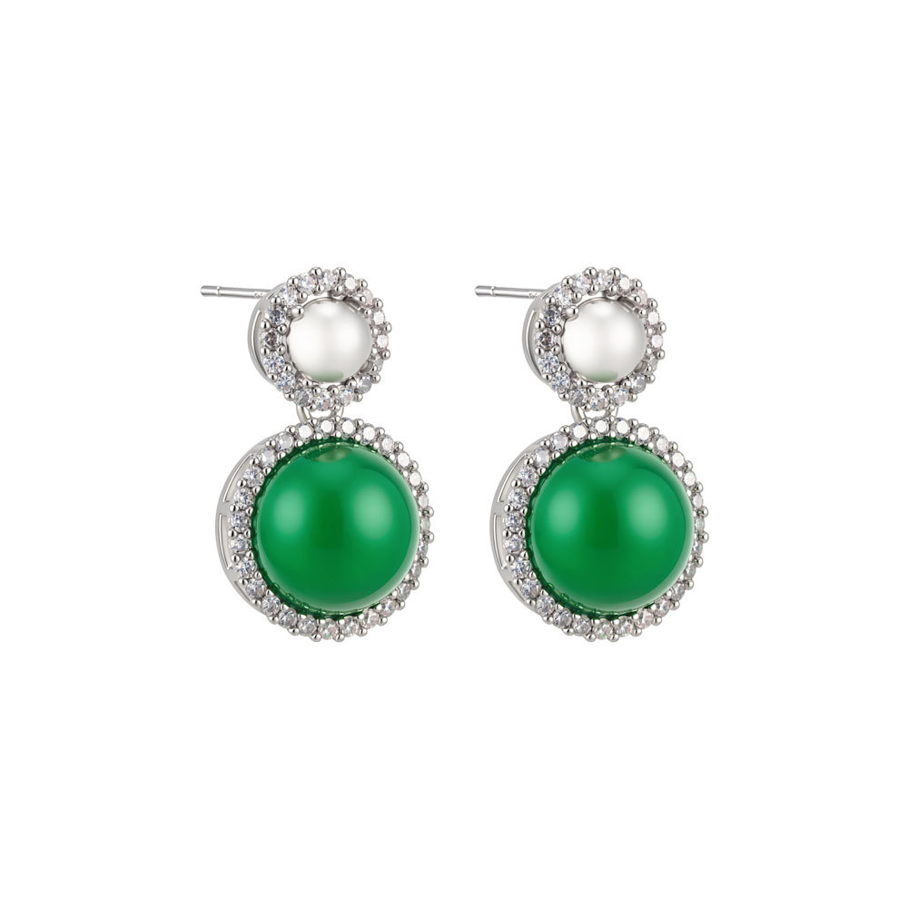 Factory direct supply new Chinese-style double round agate pendant earrings with a retro and high-end feel, red and green dual-color s925 silver needle earrings Item Picture