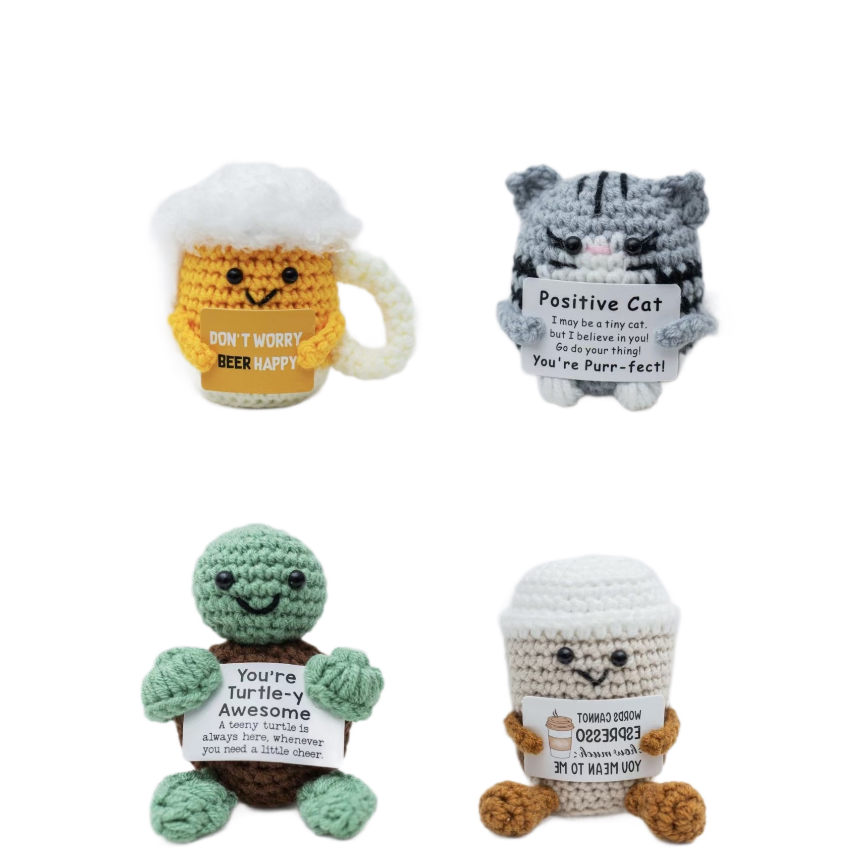 Handmade crocheted woolen plush toy, creative display piece, cute and positive energy, little cat, little turtle, beer mug hanging decoration, cartoon style Item Picture