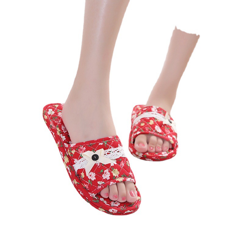 Cross-border two-layer fabric-soled wooden floor slippers, soft-soled couple slippers, home women's summer indoor autumn and winter silent home shoes Item Picture