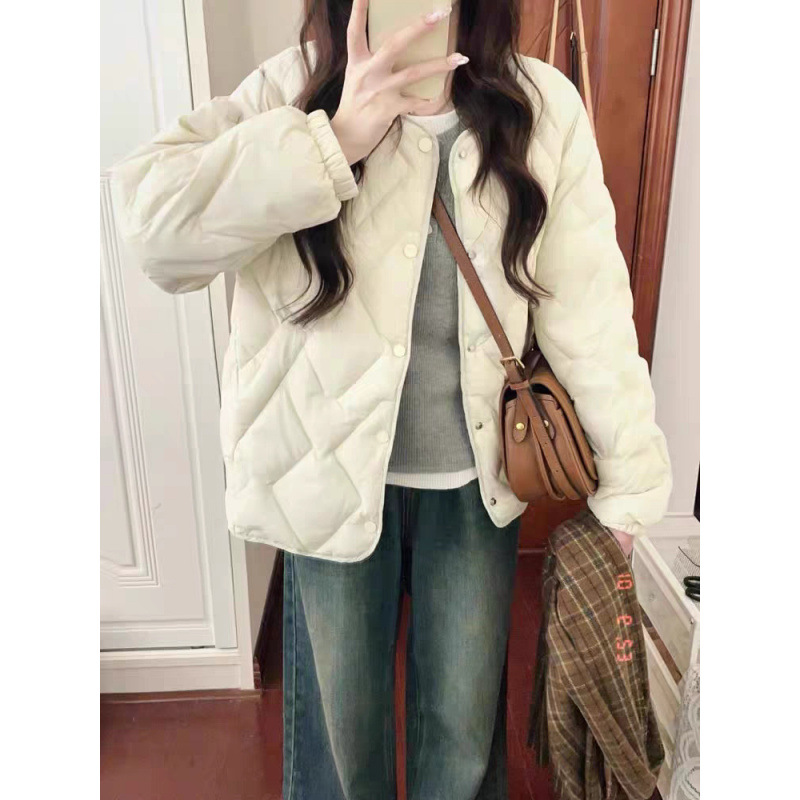2025秋冬短款菱格圆无领轻薄羽绒服女士内胆白色鸭绒时尚休闲外套细节图