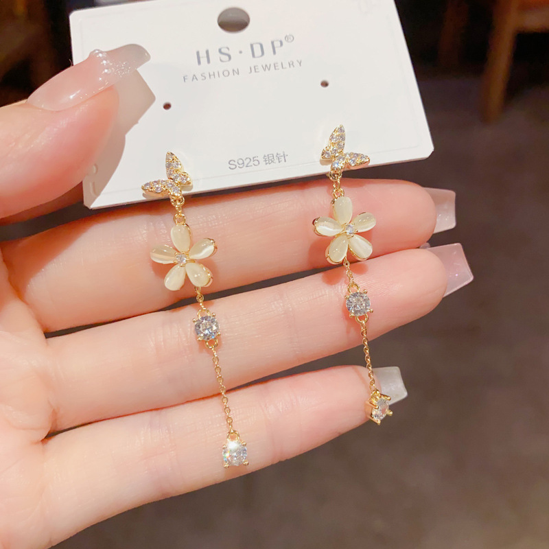 French light luxury fashion, versatile super flash zircon butterfly cat's eye stone flower tassel earrings, original manufacturer details Picture