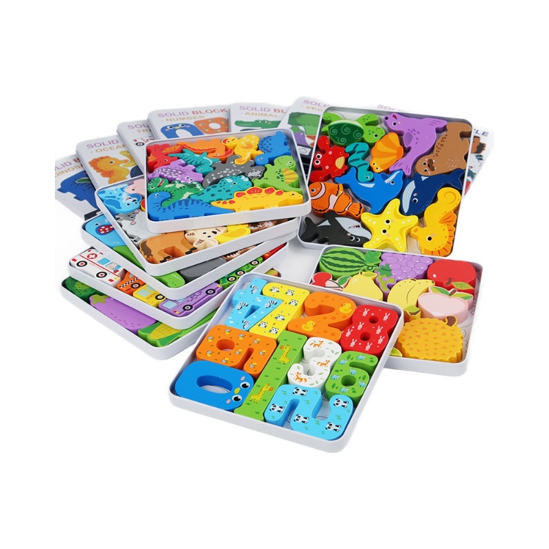 跨境儿童木制立体六边形拼图动物交通拼板积木早教益智启蒙玩具白底实物图