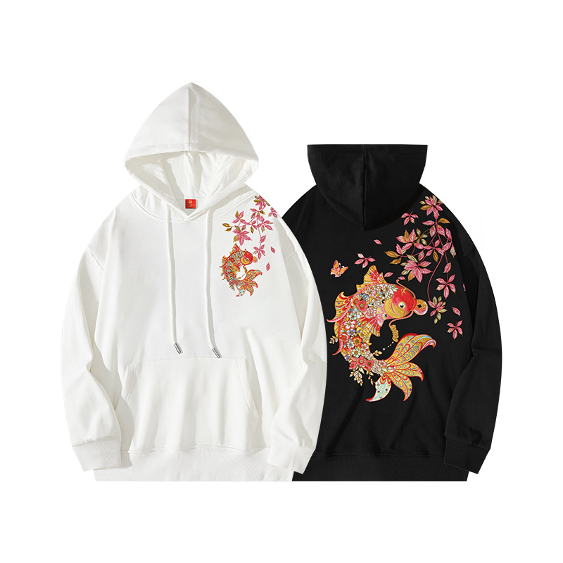A heavyweight koi fish embroidered hooded sweatshirt for men, a Chinese-style long-sleeved, retro and loose casual top that adds the finishing touch Application Scenario