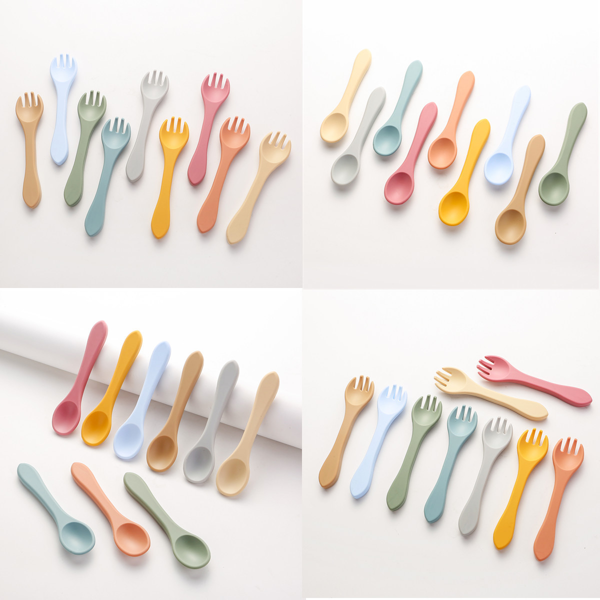 婴幼儿长柄软胶勺子叉子宝宝辅食餐具训练辅食勺儿童硅胶叉勺批发