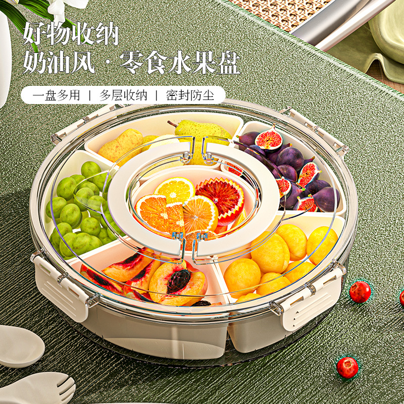 A portable household round covered snack box with a handle, a six-compartment rotating fruit plate, a sealed moisture-proof dried fruit plate