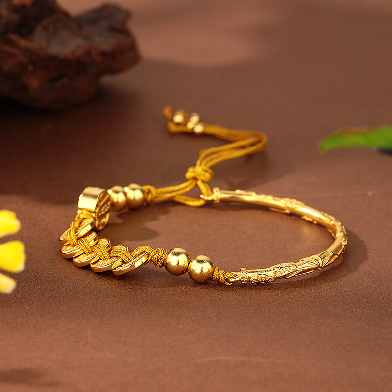 The same style as the gold store's sand gold Five Emperors Coin Five Road God of Wealth half-bracelet woven bracelet, new Chinese-style coiled retro woven rope bracelet Specification drawing