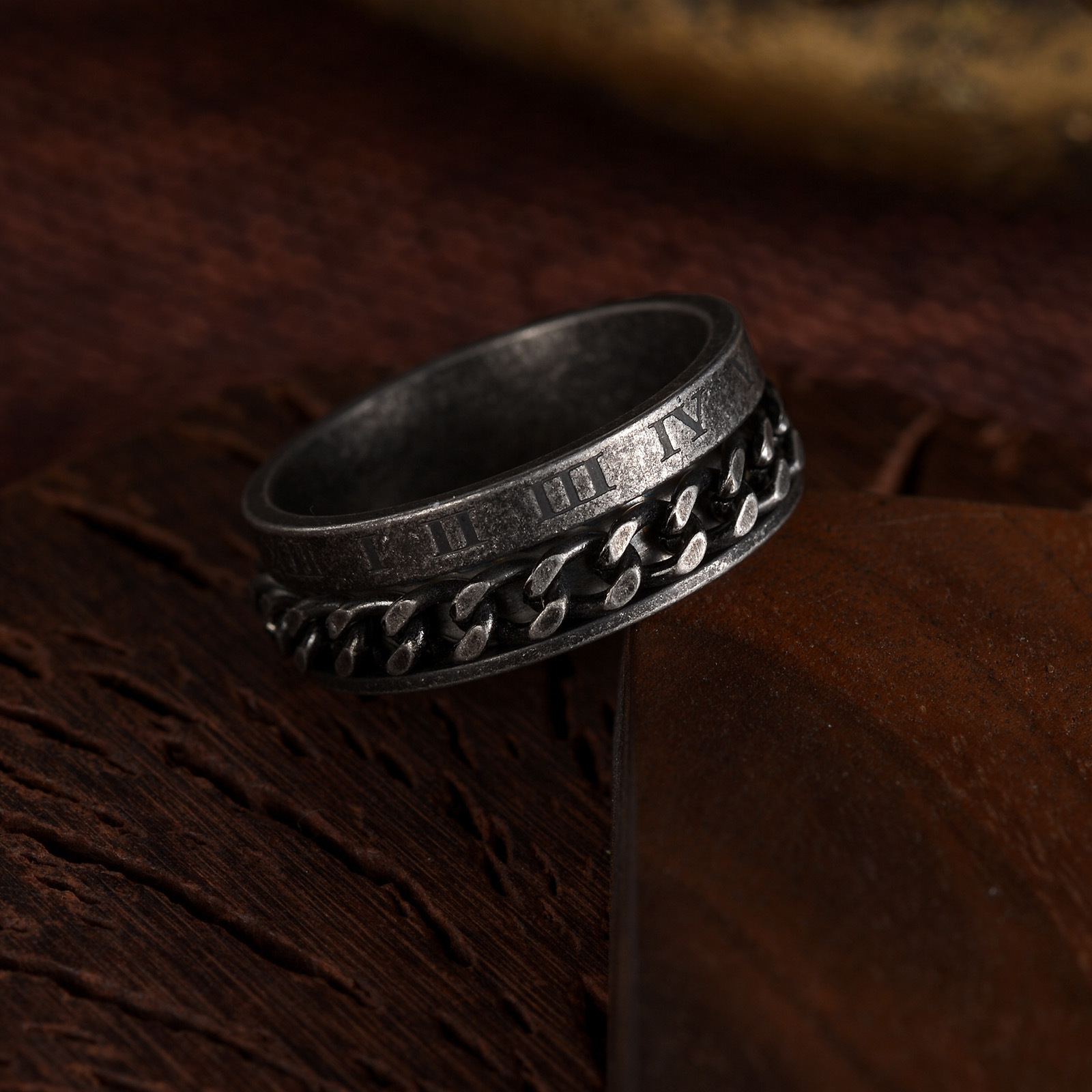 European and American retro style aged silver titanium steel ring, rotating chain ring, new Roman numeral ring