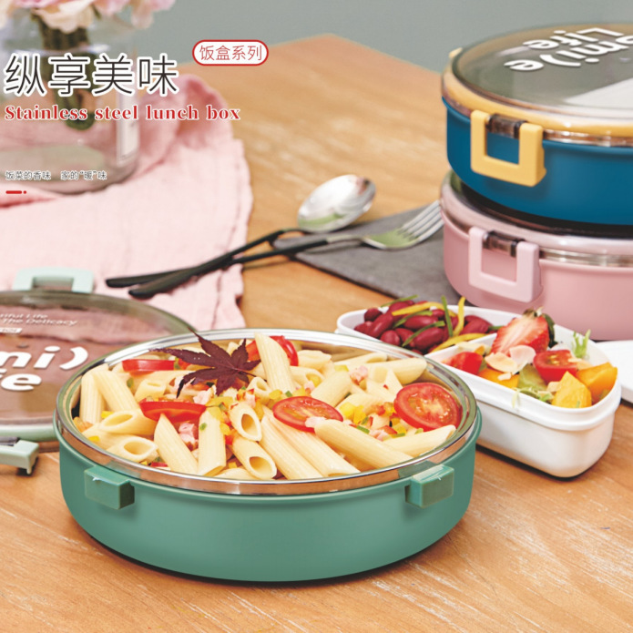 批发密封不锈钢长方形饭盒四面扣带透气孔圆形高颜值大容量午餐盒产品图